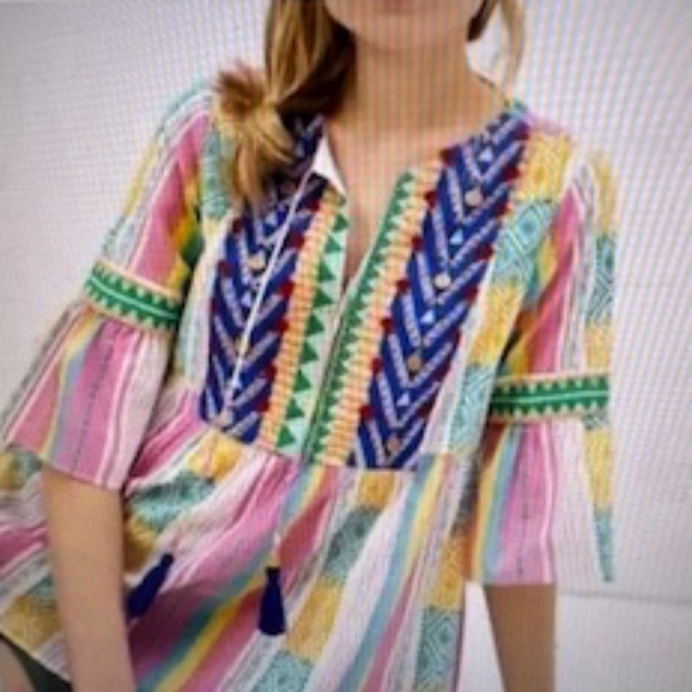 NWT $180!- Anthropologie Verb Vanessa Colorful Striped & Embroidered Top, Medium